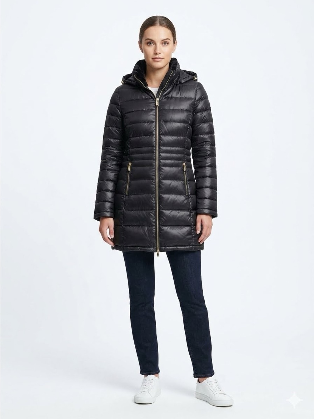 Andrew Marc Lightweight Down Black Quilted Mid-Length Hooded Puffer Coat Size M